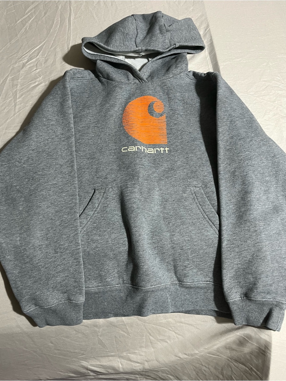 Carhartt Gray Pullover Hoodie with Orange Logo Boys Size Large 14/16